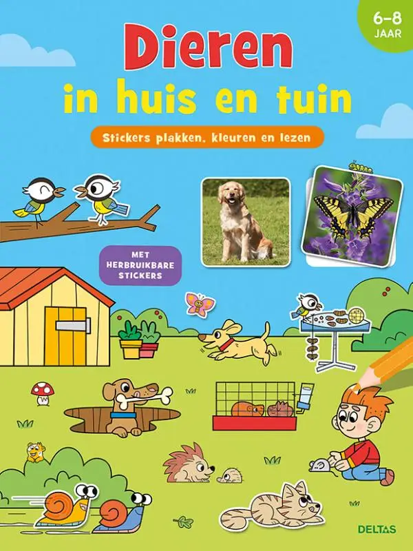 Stickers plakken, kleuren en lezen - Dieren in huis en tuin (6-8 j.)